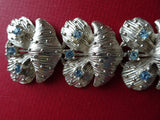 BEAUTIFUL 1950s Floral Bracelet,Textured Silver Tone Metal and Blue Rhinestones,Figural Bracelet,Day or Evening,Vintage Mid Century Jewelry