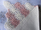 BEAUTIFUL Vintage Lace Hankie,BRIDAL WEDDING Handkerchief,Pink n White Lace Hanky,Wedding Hankies,Something Old Gifts,Collectible Hankies