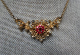 LOVELY 1950s Ruby Red Glass and White Rhinestones Necklace,Unique Design, Gold Tone Metal Necklace,Elegant Evening Necklace,Bridal Jewelry