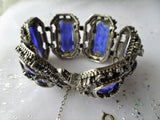 GORGEOUS Art Deco Bracelet,Art Glass Silver Metal Bracelet,Ornate Bracelet,Wide Cuff Bracelet,Blue Slag Glass,Collectible Vintage Jewelry