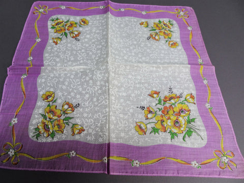 50s VINTAGE Hanky Printed Flowers,Ribbon Motifs,Colorful Handkerchief,Frame It Hankie,Collectible Hankies,Shabby Chic,Hankies To Collect