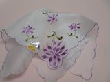 LOVELY VINTAGE HANKIE,Handkerchief,Delicate,Dainty purple flowers,Hand Embroidered Hanky,Swiss Embroidery,Collectible Vintage Hankies