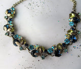 GORGEOUS Mid Century Necklace, Sparkling Faceted Crystal Stones,Blues,Champagne, Ab Stones,Intricate Silver Tone Metal, Collectible Jewelry