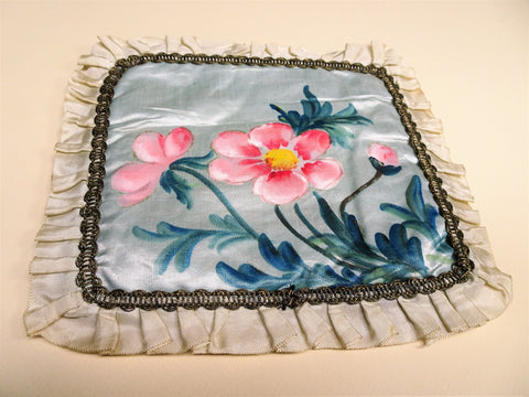 Antique FRENCH HANKY HOLDER Case,Hand Painted Pink Roses Handkerchief Fold,Hankie Keeper,Lingerie Case,Boudoir Hankies Display,French Decor