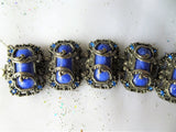 GORGEOUS Art Deco Bracelet,Art Glass Silver Metal Bracelet,Ornate Bracelet,Wide Cuff Bracelet,Blue Slag Glass,Collectible Vintage Jewelry