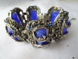 GORGEOUS Art Deco Bracelet,Art Glass Silver Metal Bracelet,Ornate Bracelet,Wide Cuff Bracelet,Blue Slag Glass,Collectible Vintage Jewelry