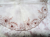 50s VINTAGE Embroidered ROUND Hanky,Brown Floral Handkerchief,Collectible Hankies,Shabby Chic Hankie,Mid Century,Collectible Vintage Hankies