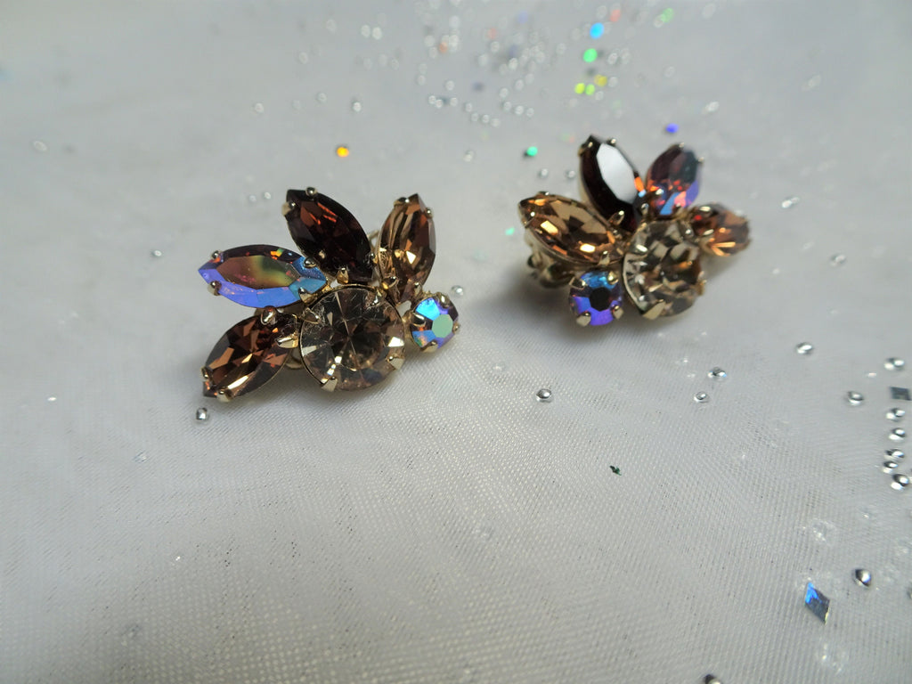 SPARKLING Sherman Signed Vintage 50s Glass Earrings,GLITTERING Topaz and Aurora Borealis,Rhinestone Clip Ons,Collectible Mid Century Jewelry