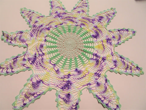 VINTAGE Hand Crochet Doily,Lovely Centerpiece,Farmhouse,French Farmhouse Decor,Collectible Vintage Doilies,Beige,Purple,Green,Yellow Doily