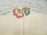 ANTIQUE Linen Table Centerpiece Silk Floral Embroidery,Lovely Handwork,Pinks Greens,Lace,Mission Oak Furniture, French Country, Farmhouse