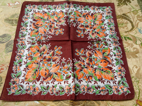 40s VINTAGE Printed Floral Hanky,Autumn Fall Colors,Flowers Leaves Hankie,Colorful Hankie,Handkerchief To Frame,Collectible Vintage Hankies