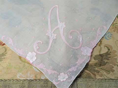 BEAUTIFUL Vintage Hanky,Applique Satin Rose Flowers monogram A Hankie,BRIDAL WEDDING Handkerchief,Pink Satin Appliques,Collectible Hankies
