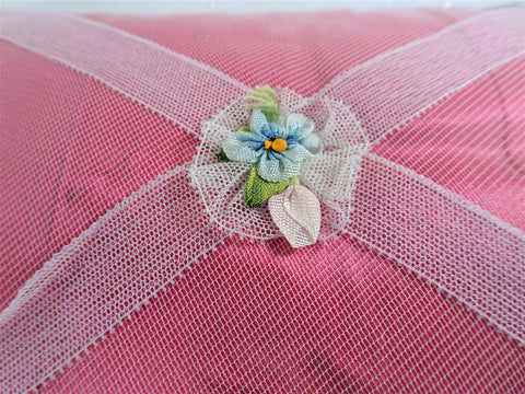 Antique FRENCH Boudoir Pillow,Hat Pin Pillow, Silk Ribbon Rosettes,Wedding Ring Pillow,Boudoir Display,Vanity Collectibles
