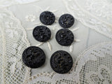 Antique French Jet Glass Victorian Fancy Buttons,Set of 6,Highly Detailed Design,For French Bebe Dolls Jewelry,Collectible Vintage Buttons