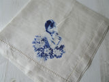 BEAUTIFUL Antique Silk Hanky, Blue Oriental Girl Silk Screened, Unique Vintage Handkerchief, Frame It, Collectible Vintage Hankies