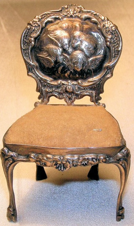 RARE  Sterling Silver Pin Cushion Antique Figural English Miniature Chair Authentic Old Cherub Angel Children Faces Needlework Sewing Tool