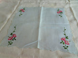 BEAUTIFUL Vintage Handkerchief,Blue Hanky Fine Workmanship Hankie, Hand Embroidery, Pink Roses,Bridal Hanky,Collectible Vintage Hankies