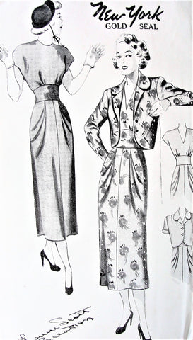 40s STUNNING Midriff Cocktail Dinner Party Dress and Jacket Pattern NEW YORK 505 Louise Scott Designer Jewel or V Neckline Slim Draped Hips Evening Dress Bust 33 Vintage Sewing Pattern FACTORY FOLDED