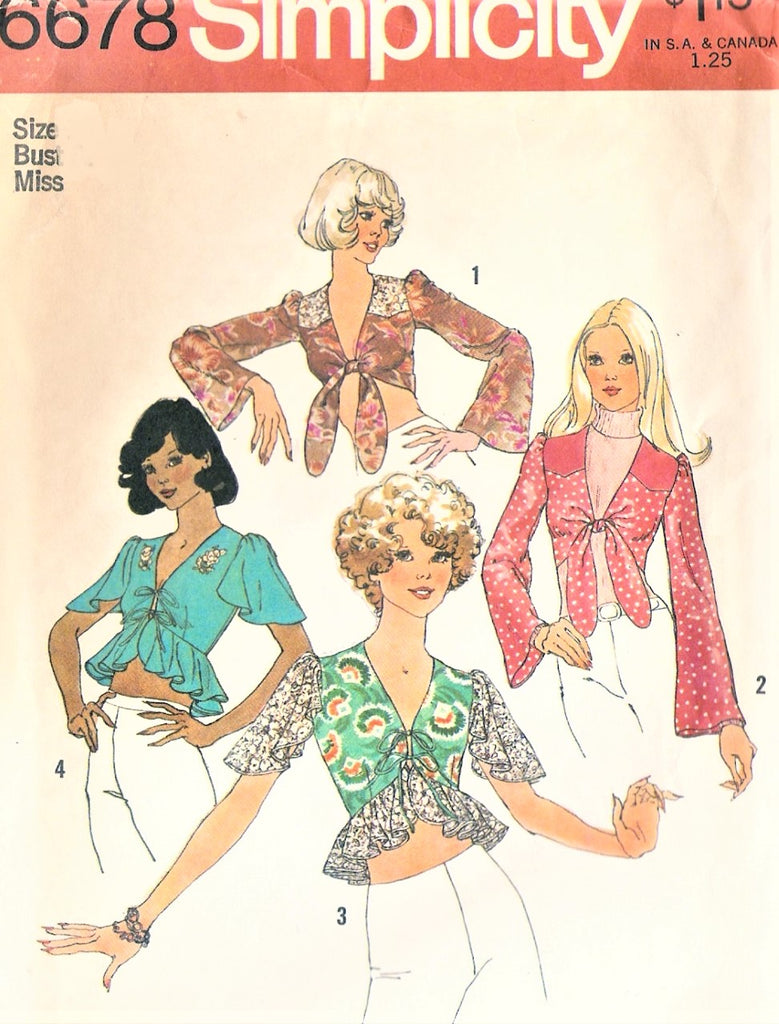 Vintage 1970s Retro Midriff Tops Sewing Pattern SIMPLICITY 6678 Halter Top Angel Wing Flutter Sleeves Bust 34 Sexy Front Tie  Crop Top Blouse
