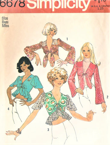 Vintage 1970s Retro Midriff Tops Sewing Pattern SIMPLICITY 6678 Halter Top Angel Wing Flutter Sleeves Bust 34 Sexy Front Tie  Crop Top Blouse