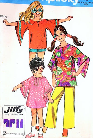 RETRO Girls MOD Boho Wing Sleeve Dress or Top, Pants or Shorts Pattern SIMPLICITY 9343 Size 10 Vintage Jiffy Sewing Pattern UNCUT